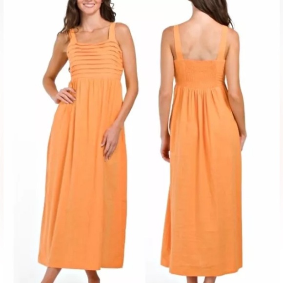 TAHARI Linen Blend Wide Stripes Pockets Pleated Bodice Maxi Dress in Orange Sz 2 - Picture 11 of 15